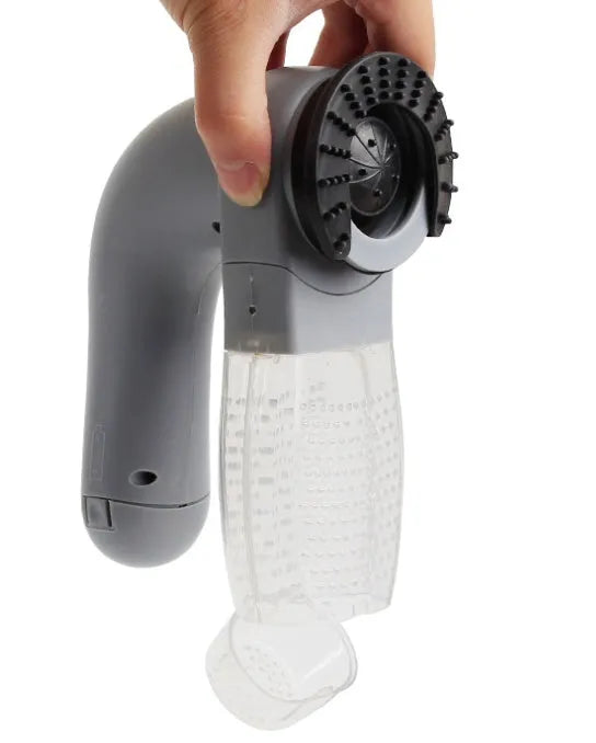 Grey portable pet hair vacuum cleaner with massage brush for dog and cat grooming