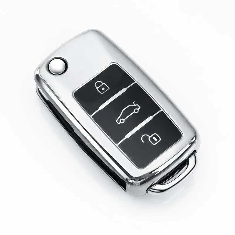 TPU protective car key case for Volkswagen Model A folding remote in blue, pink, red, and silver colour options