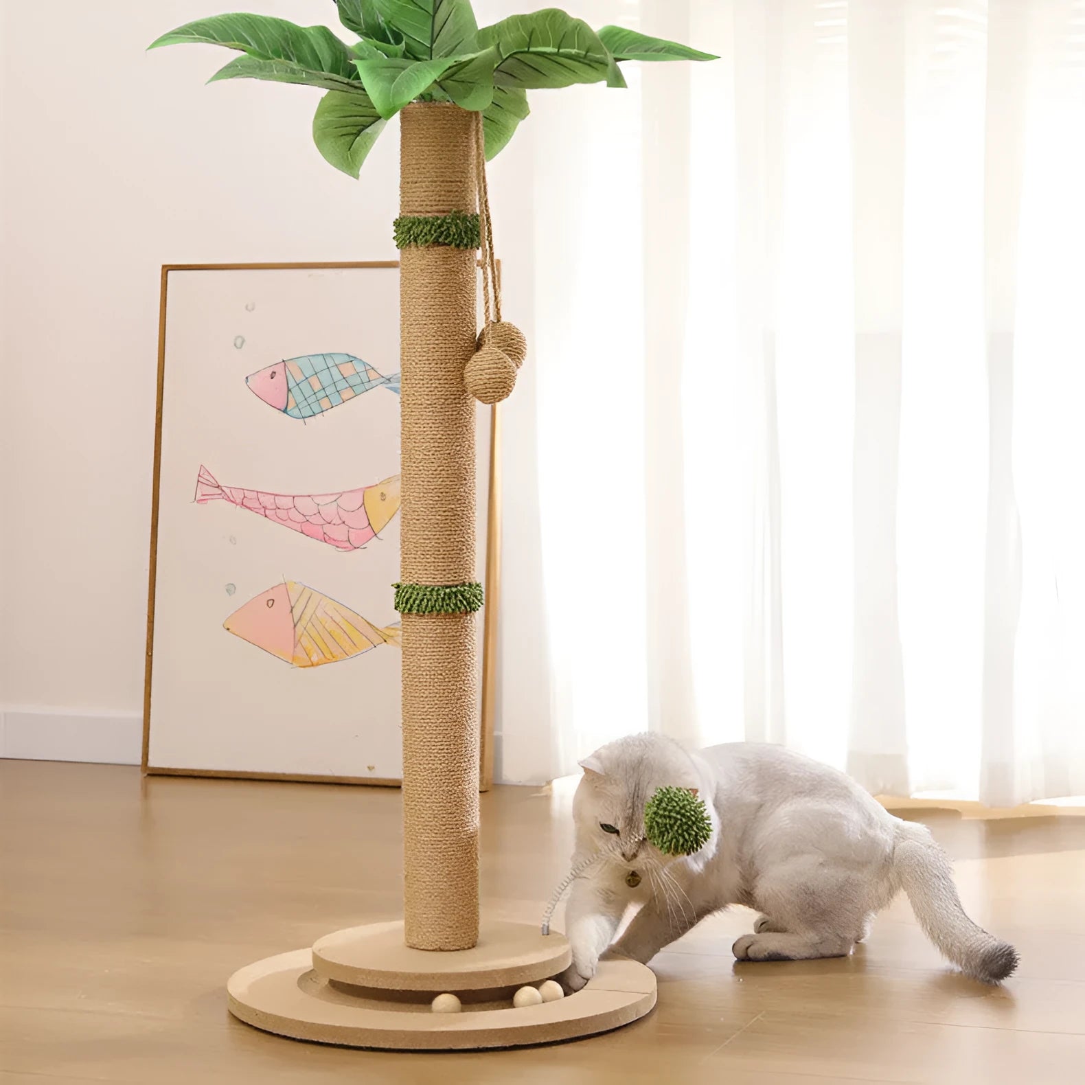 Vertical cat climbing frame with sisal scratching posts and cantilevered perches in cane colour