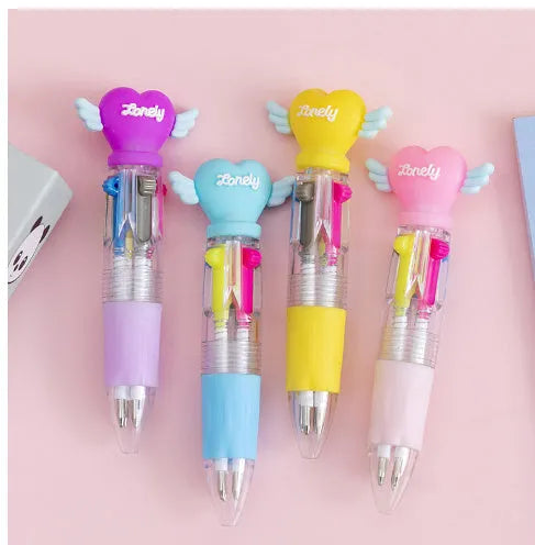 Four-colour press-action ballpoint pen with cartoon designs and 0.7mm bullet tip