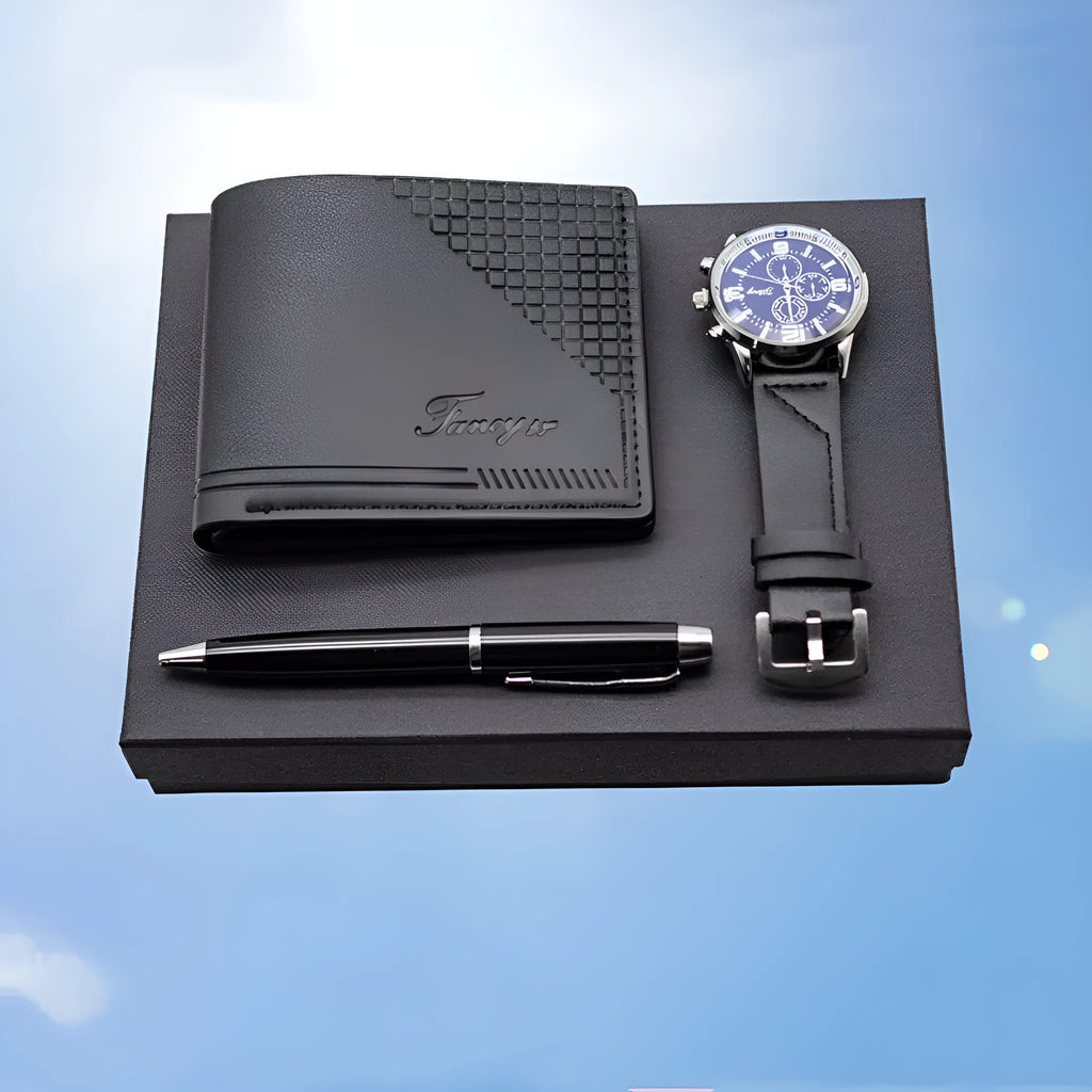 Four-piece gift set containing watch, wallet, and pen in modern presentation box