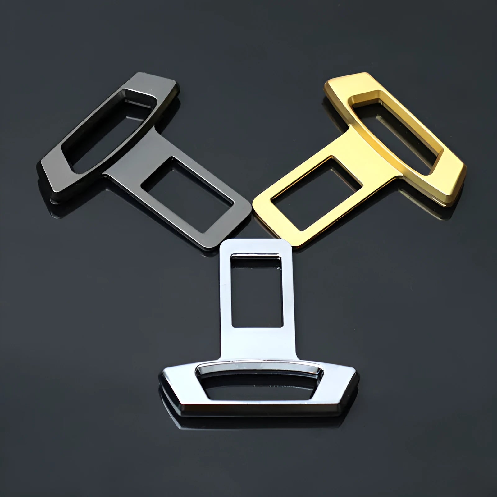 Metal car interior silencer insert shown in gold, matte black, and silver colour options