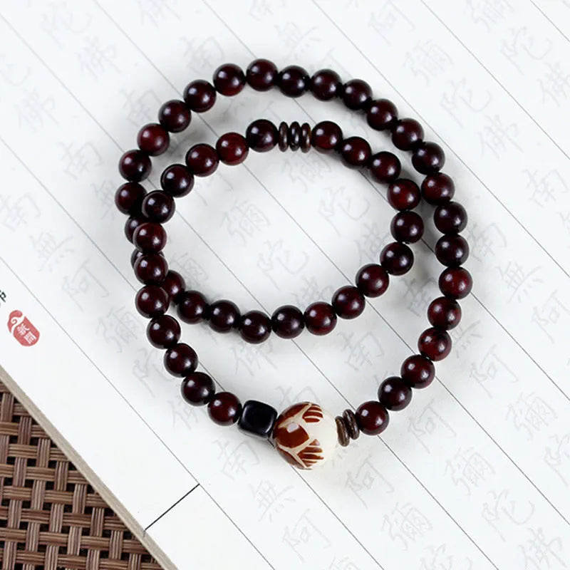 Natural rosewood double-ring bracelet with hand-knitted beads showing retro flower design