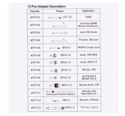 Automatic transmission oil refuelling machine with transmission injector tool and 13-piece fittings kit