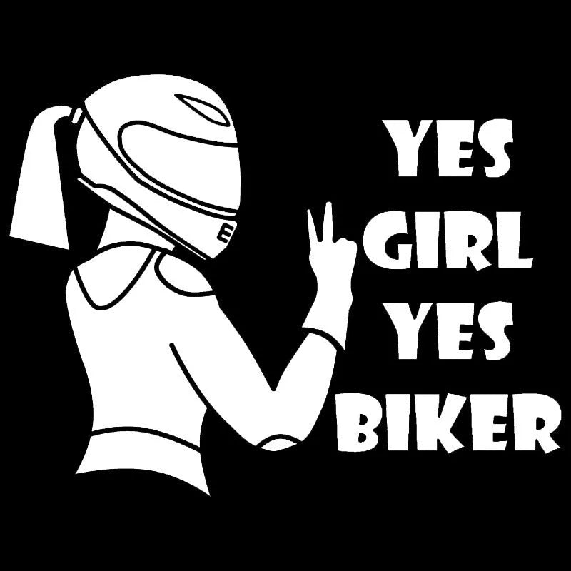 Waterproof car sticker with girl rider motorcycle pattern in black, white, and laser colours measuring 16cm by 15cm