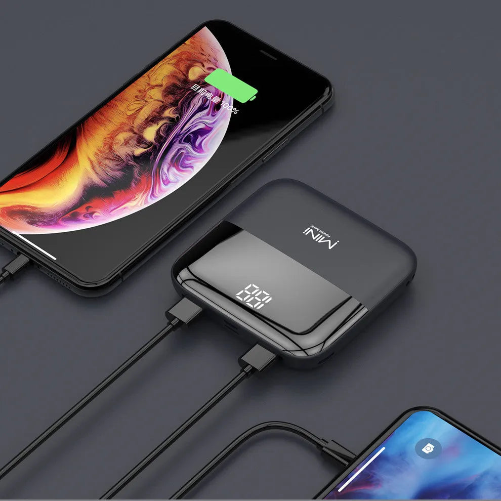 10000mAh Android portable power bank with digital display and dual USB ports in plastic casing