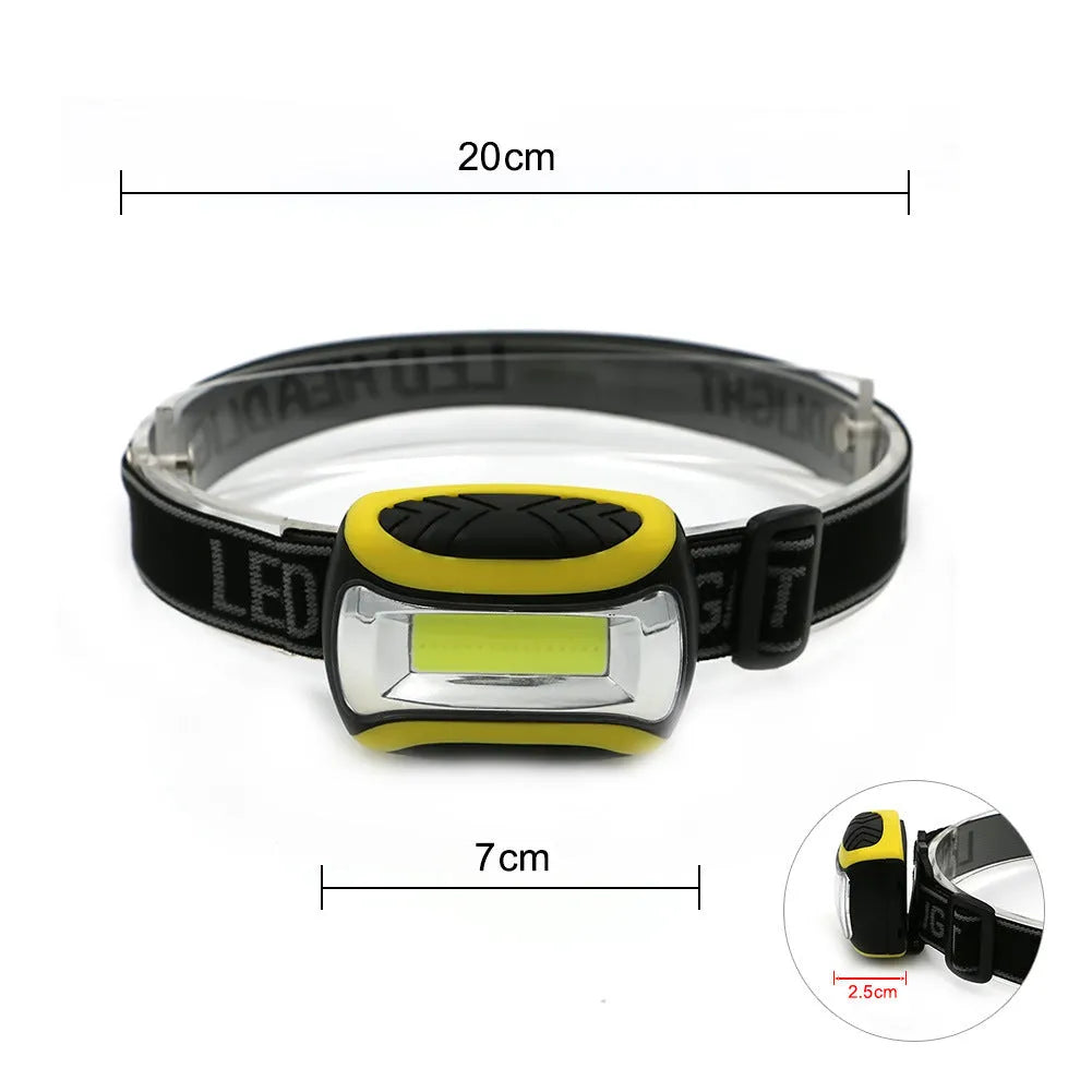Yellow three-speed COB headlamp with elastic head strap shown from the front.