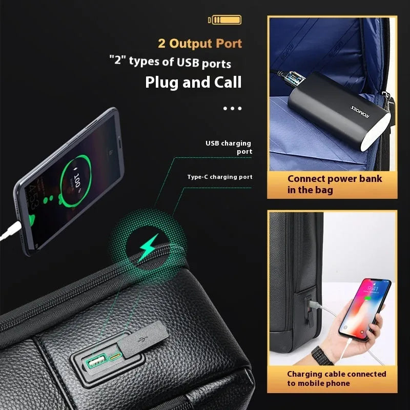 Black first-layer cowhide leather commuter backpack with USB interface and curved shoulder strap