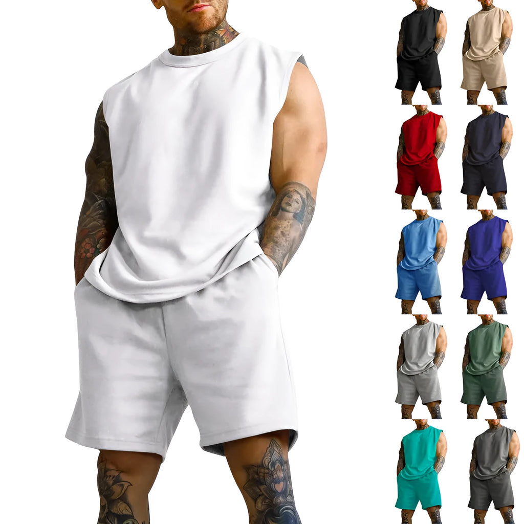 Men's sleeveless sports suit consisting of thin cotton blend top and matching shorts in solid colour