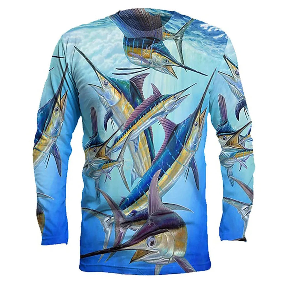 Men's grey pullover with a fish pattern print, round neck, and long sleeves.