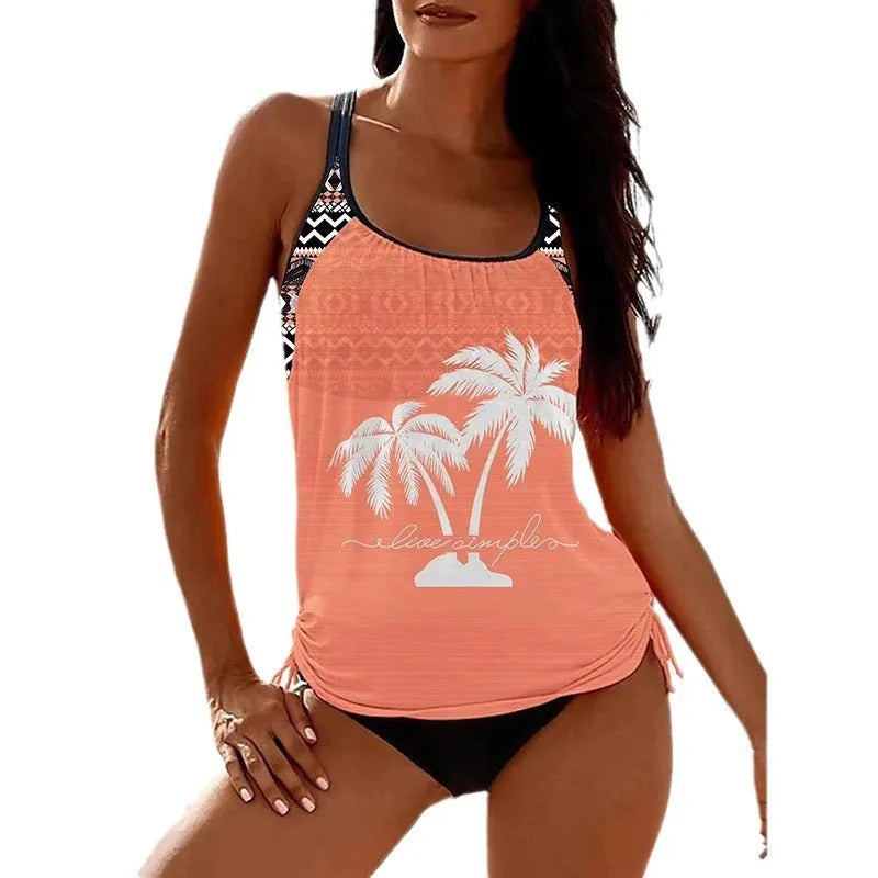 Tangini women's loose fit split brief bikini set in polyester fabric on a colour swatch background.