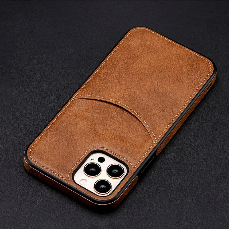 Dark blue PU leather protective case for iPhone showing front and back views