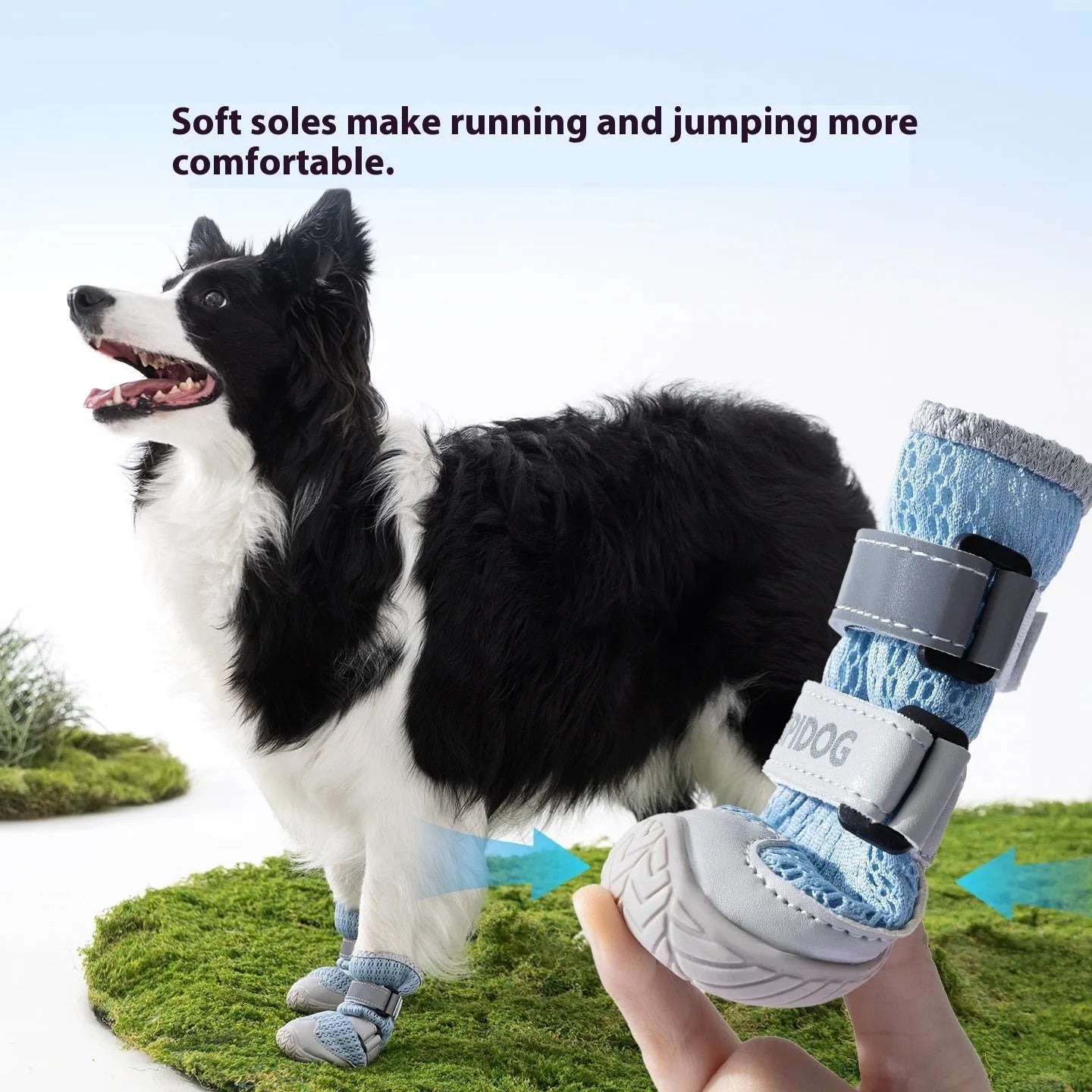 Summer breathable dog shoes in Bondi Blue with wear-resistant PU soles for hot pavement protection