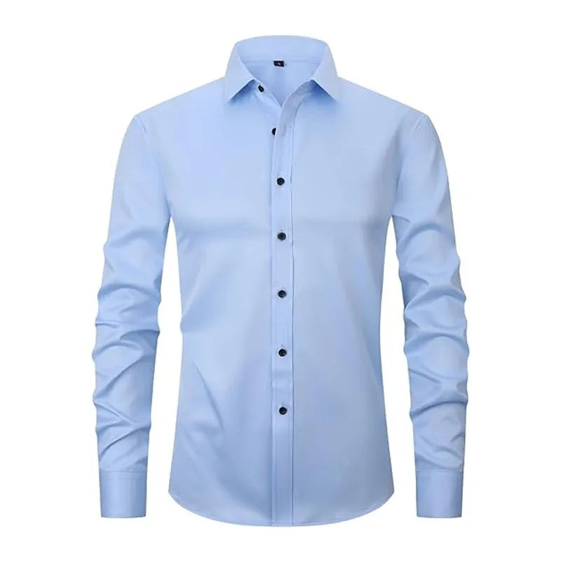 Men's stretch long sleeve polyester work shirt on a hanger, showing button front and long sleeves.