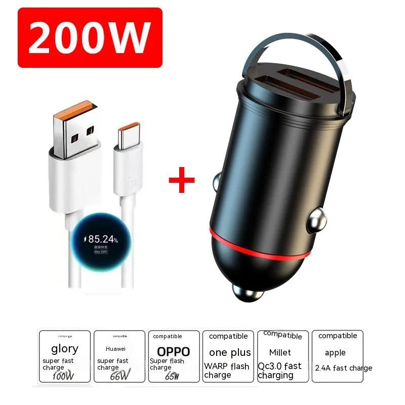 Black 200W super fast car charger with compact zinc alloy design and USB output port