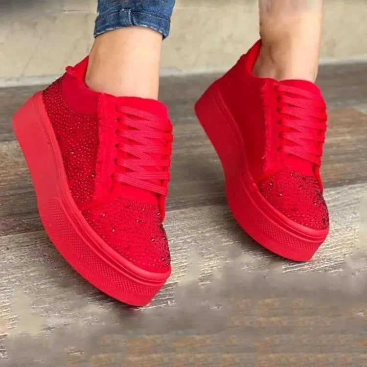 Plus size women's casual shoes with rhinestone details and lace-up front in multiple colour options