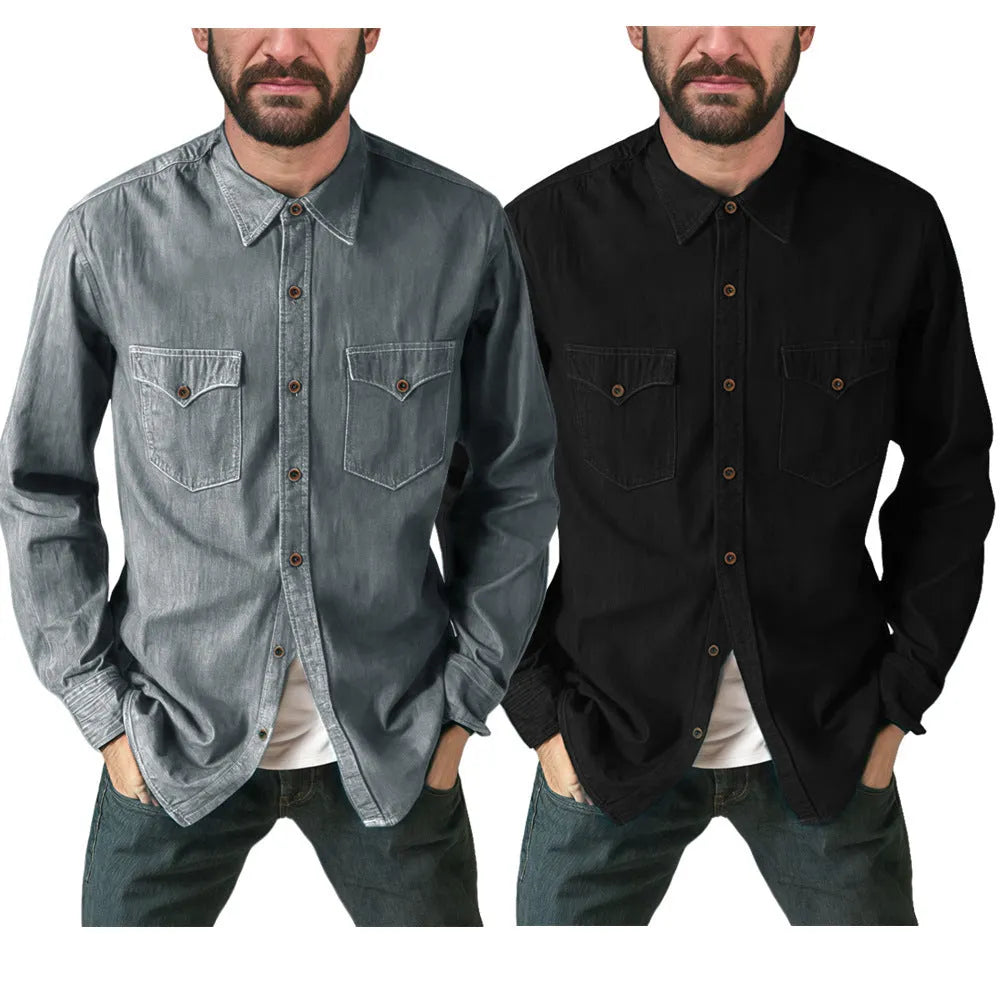 Men's regular fit cotton denim cardigan coat on a hanger.