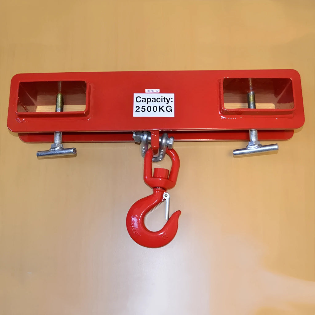 MK forklift hook attachment with rotatable head and safety lock, shown mounted on forklift forks.