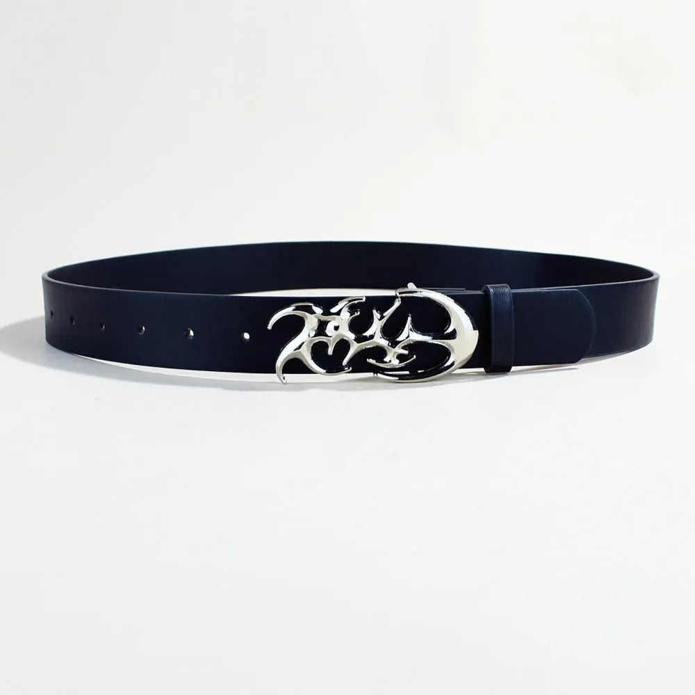Men's silver buckle PU leather belt with snap button closure, 105cm length