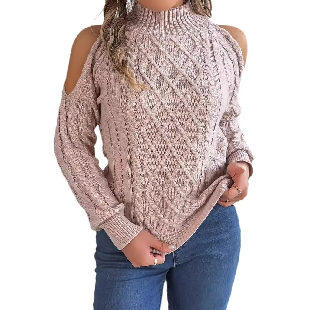 Women's casual sweater with twisted pattern, strapless half-high collar, and lantern sleeves
