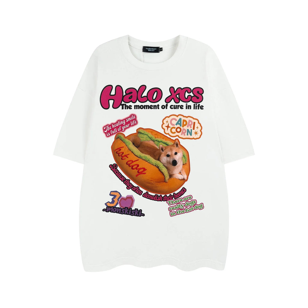 A white loose-fit cotton T-shirt with a large cartoon print of a hamburger dog.