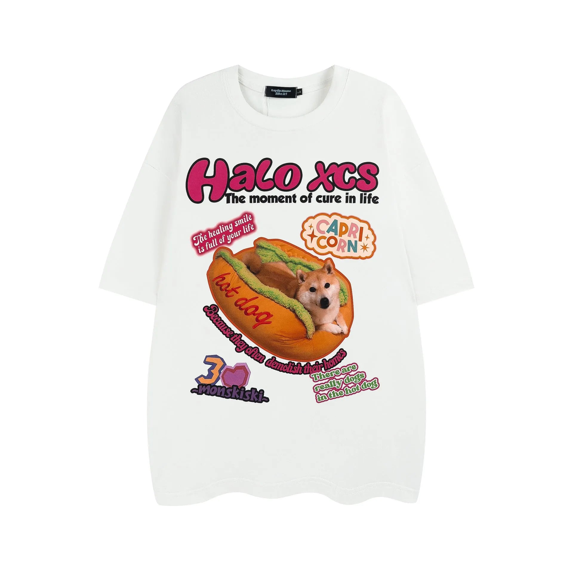 A white loose-fit cotton T-shirt with a large cartoon print of a hamburger dog.