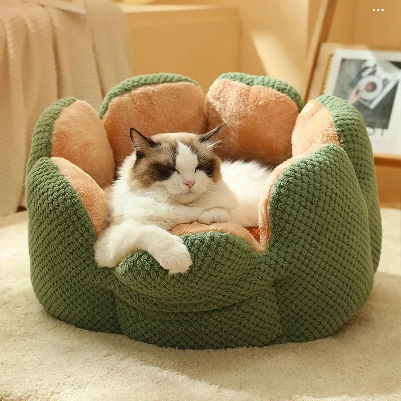 Green cactus petal shape pet kennel bed for cats and dogs with plush interior and non-slip bottom
