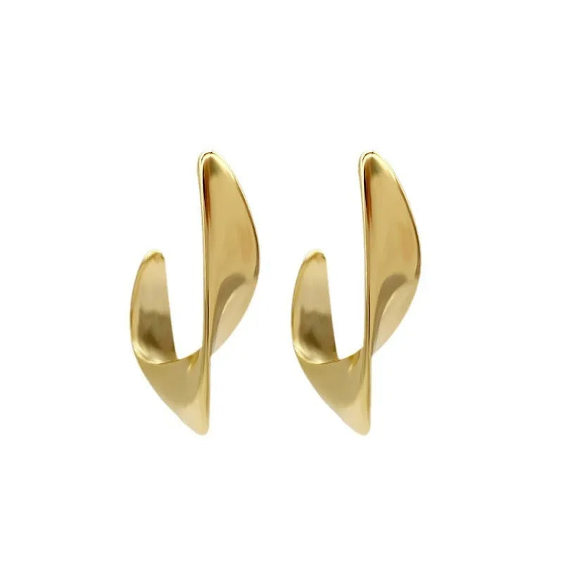 Pair of twisted geometric design metal earrings in gold or silver electroplated finish