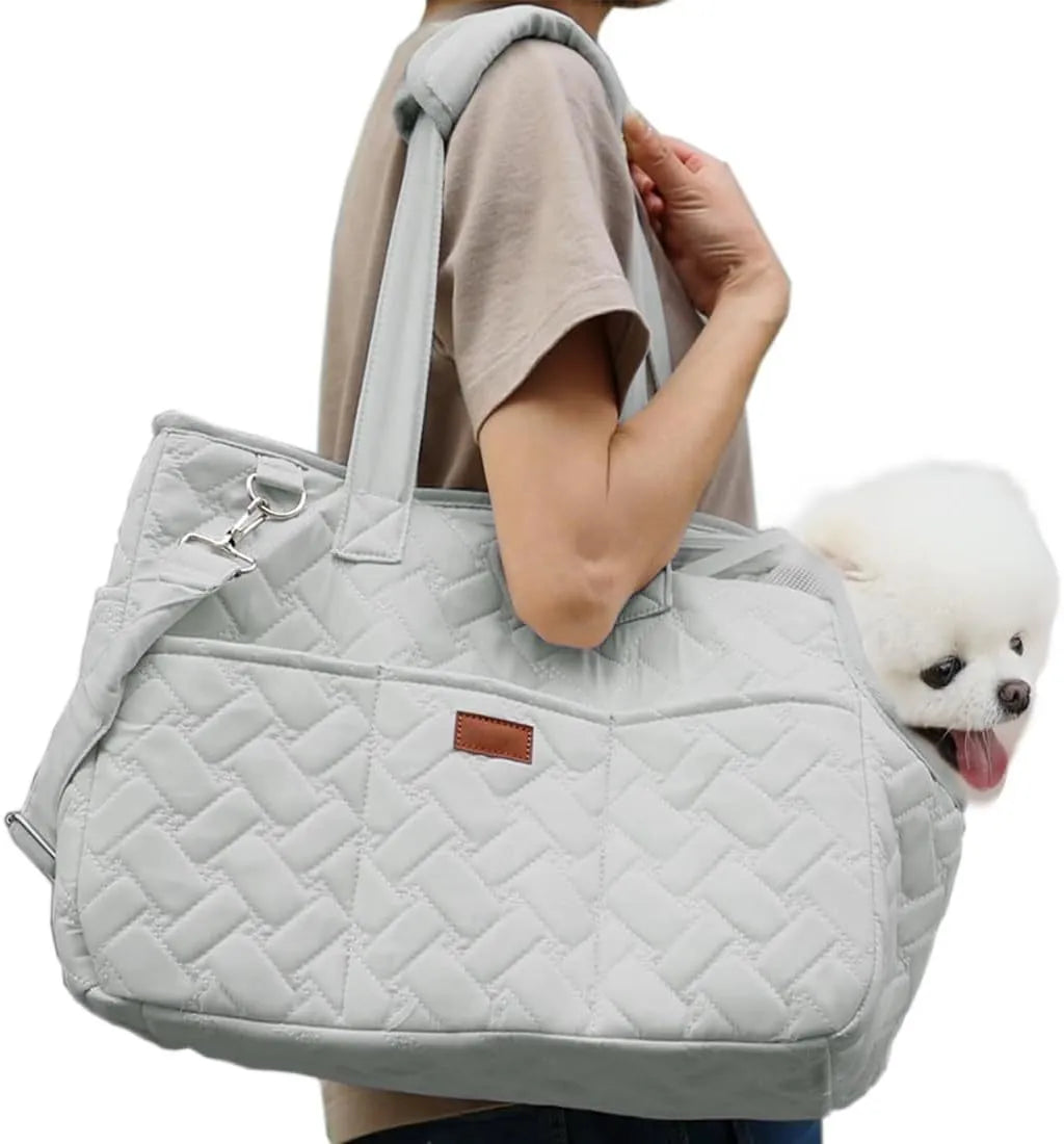 Grey pet carrier bag with mesh panels and handbag design for cats or small dogs