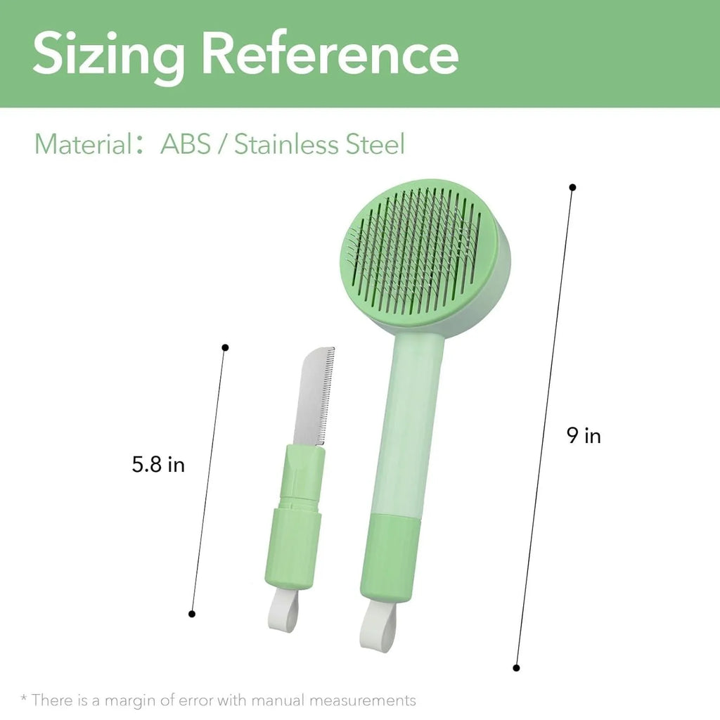Green and yellow 2-in-1 pet grooming brush with stainless steel teeth and hanging loop