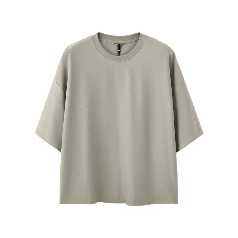 Men's loose fit short sleeve t-shirt in cotton-polyester blend available in black and sand grey colours
