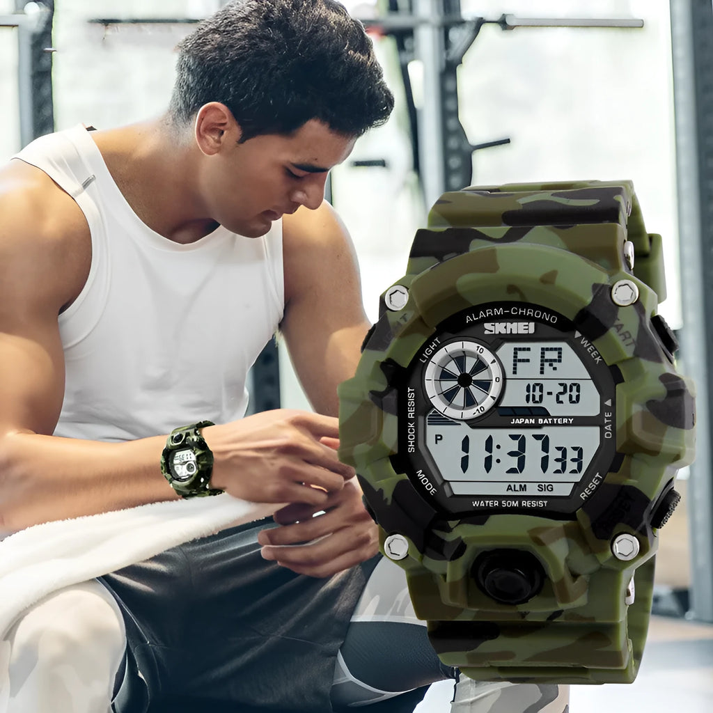 Waterproof multifunctional electronic sports watch with round dial and plastic strap in army green colour