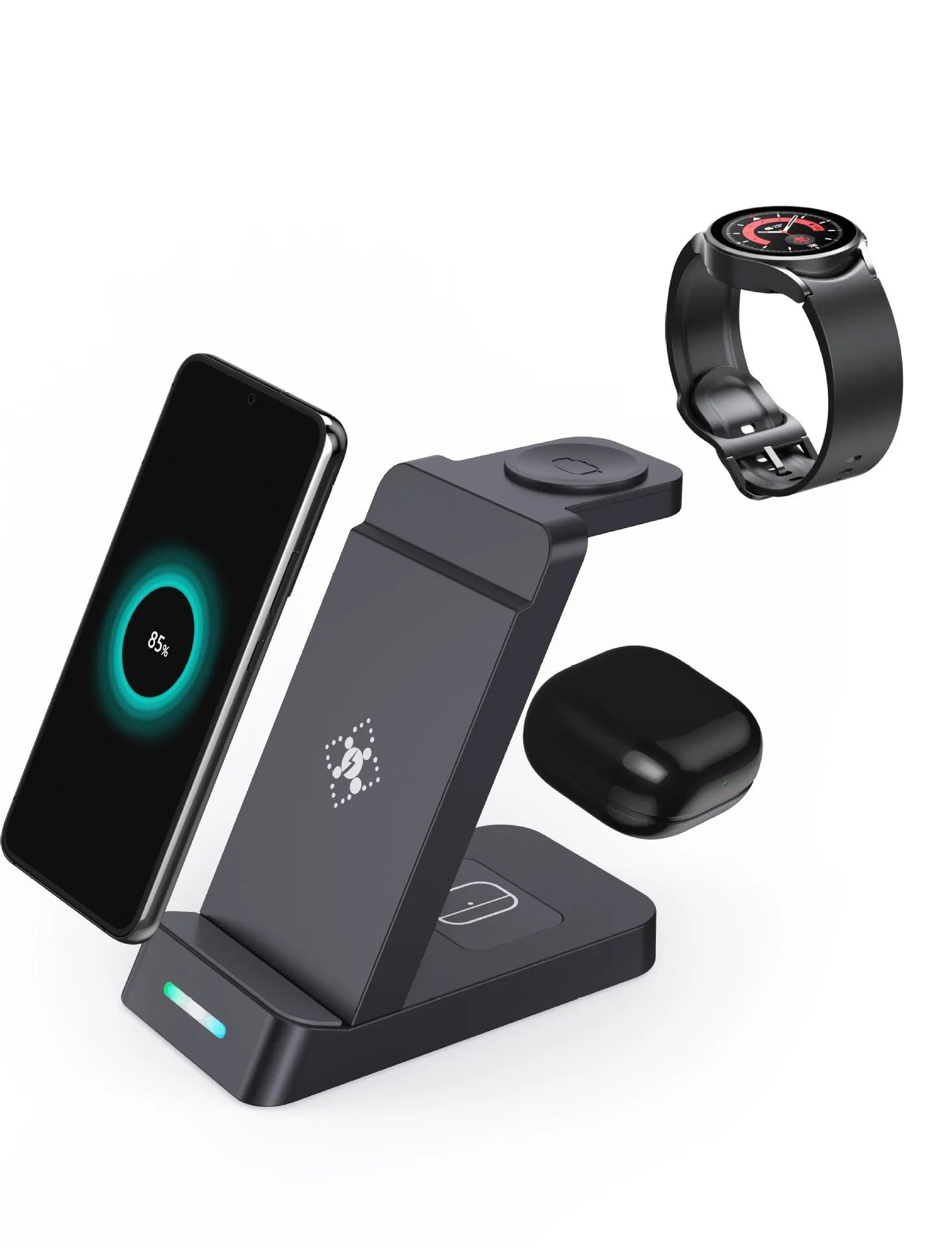 Black 3-in-1 wireless charging station showing phone on stand, AirPods case, and Apple Watch on their charging spots.