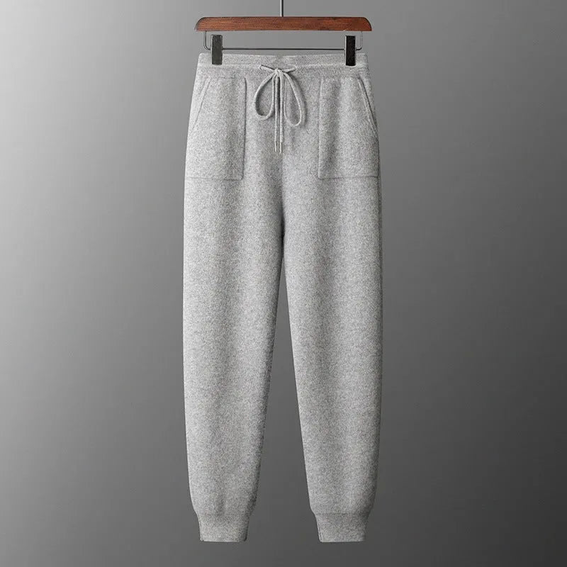 Men's light grey cashmere hooded knit sweatshirt and matching trousers casual winter set.