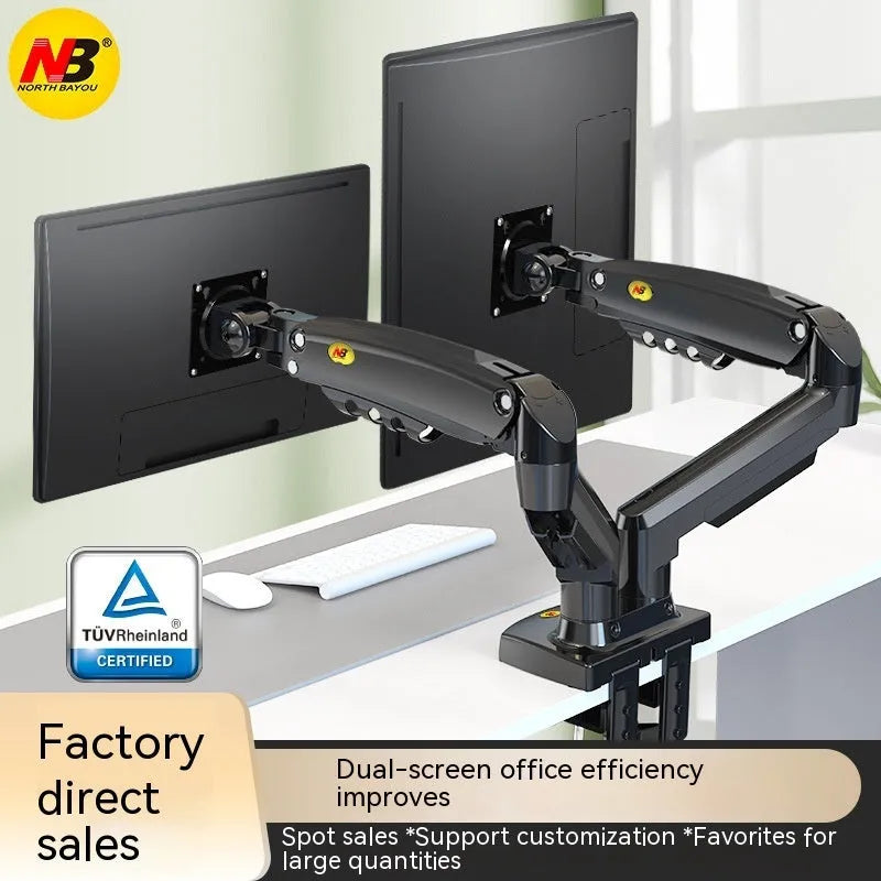 Aluminium dual monitor bracket for VESA 75x75-100x100mm compatible screens.