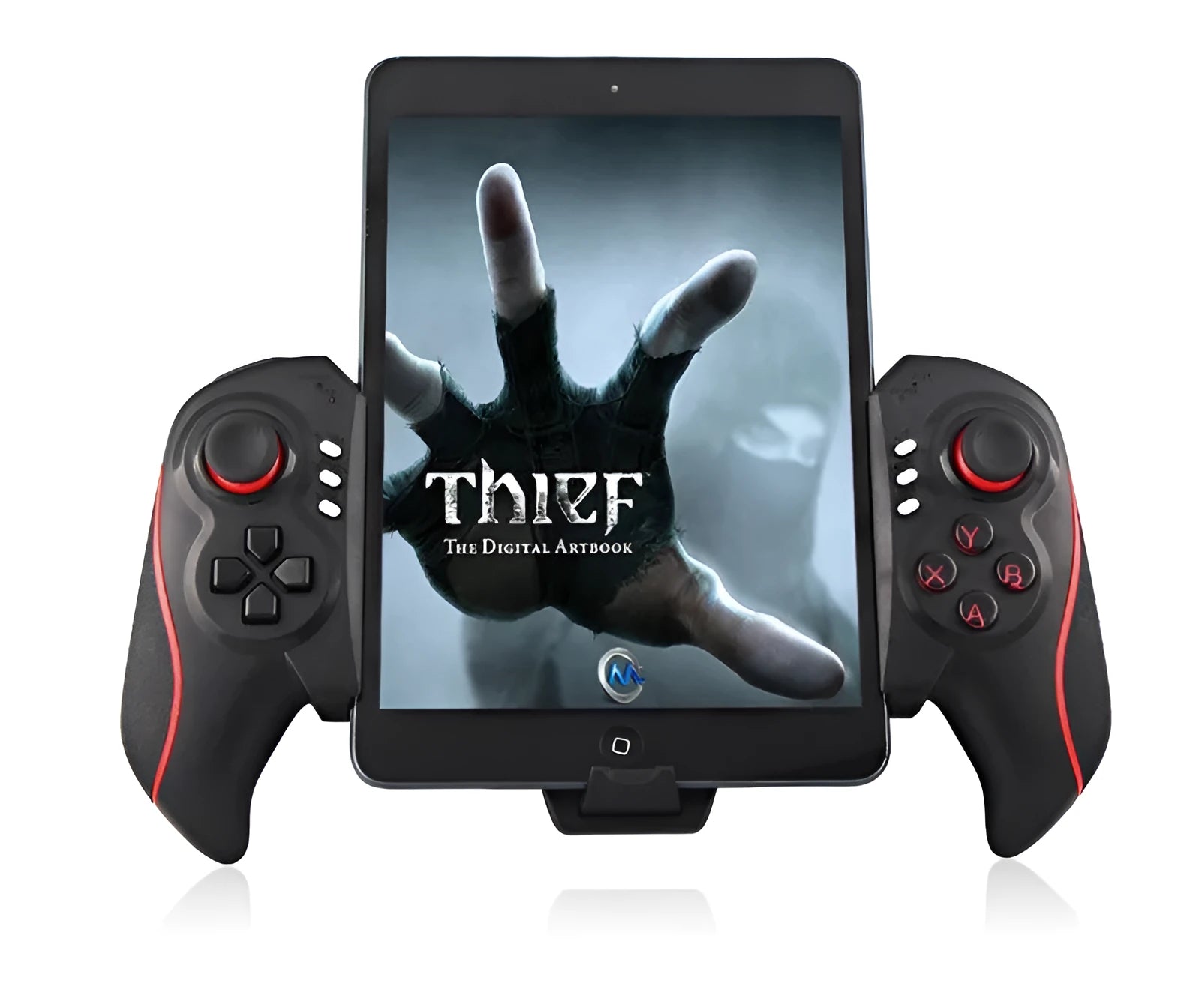PG-9023 wireless telescopic game controller extended to hold a mobile phone