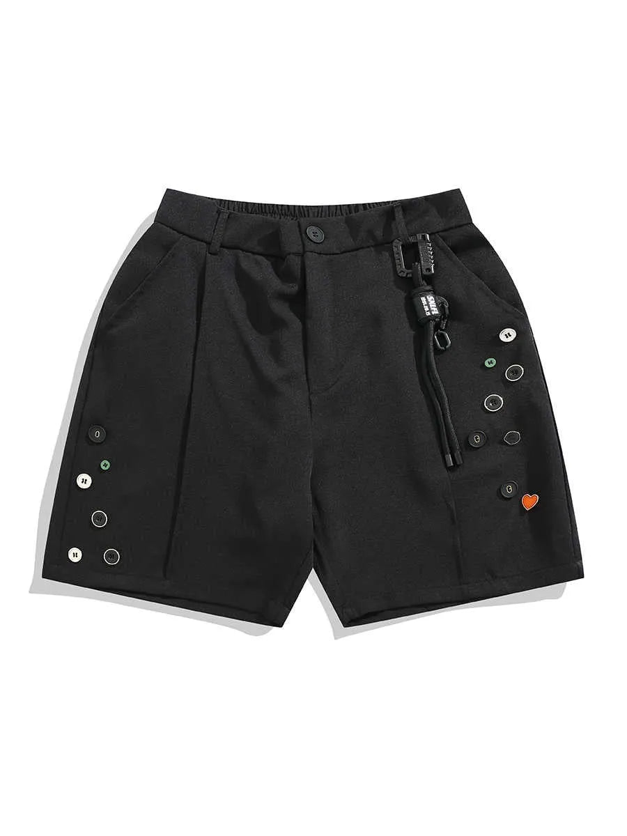 Men's black semi-elastic waist shorts with zipper fly and straight-leg loose fit