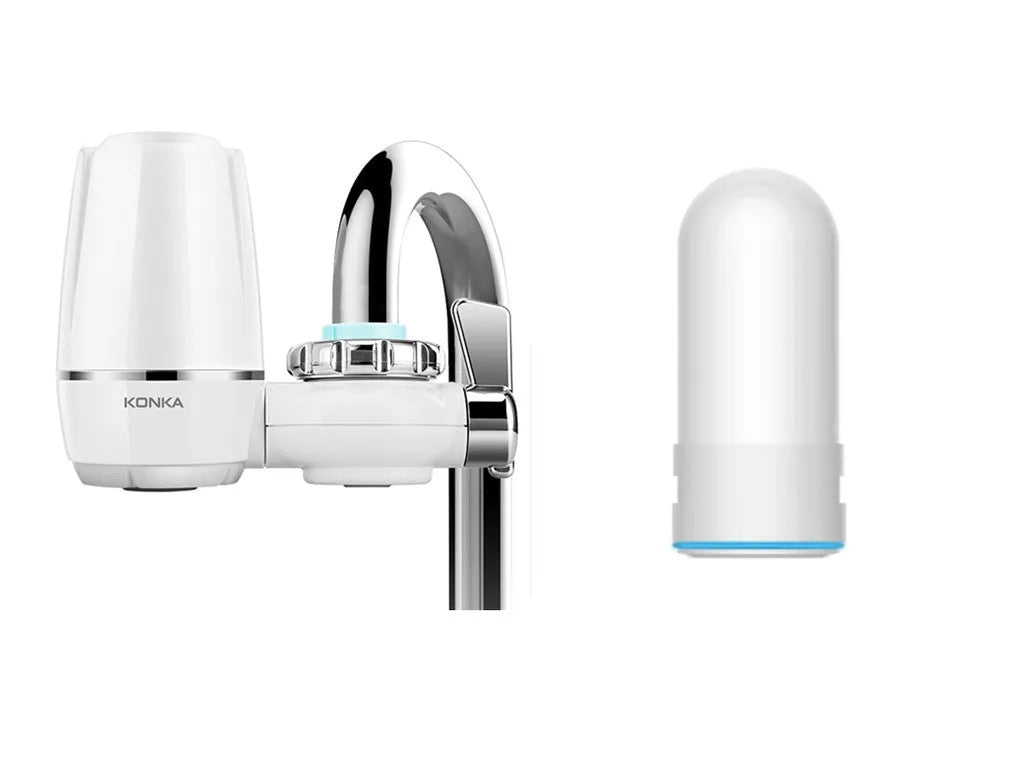 White plastic faucet water filter with adapter kit and ceramic cartridge for kitchen tap installation.