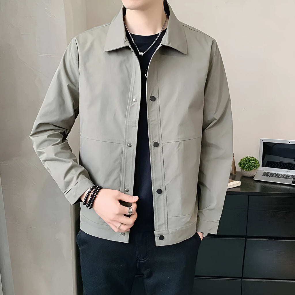 Men's thin single-layer Korean style jacket in polyester, shown in light gray colour.