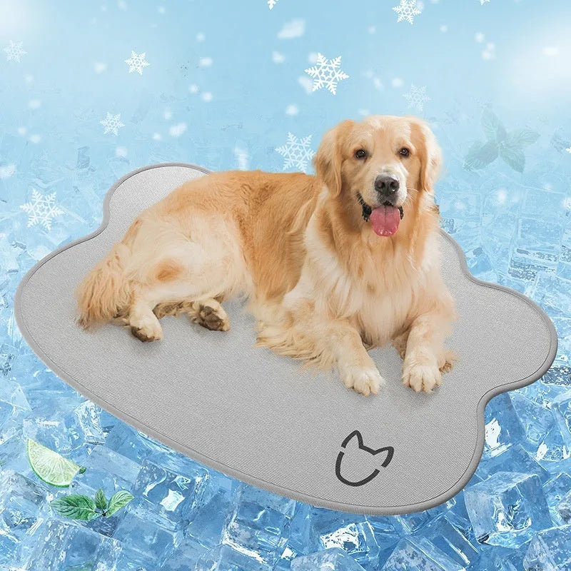 Ice silk dog cooling mat with dog head shape in light grey colour on a wooden floor