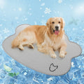 Ice silk dog cooling mat with dog head shape in light grey colour on a wooden floor
