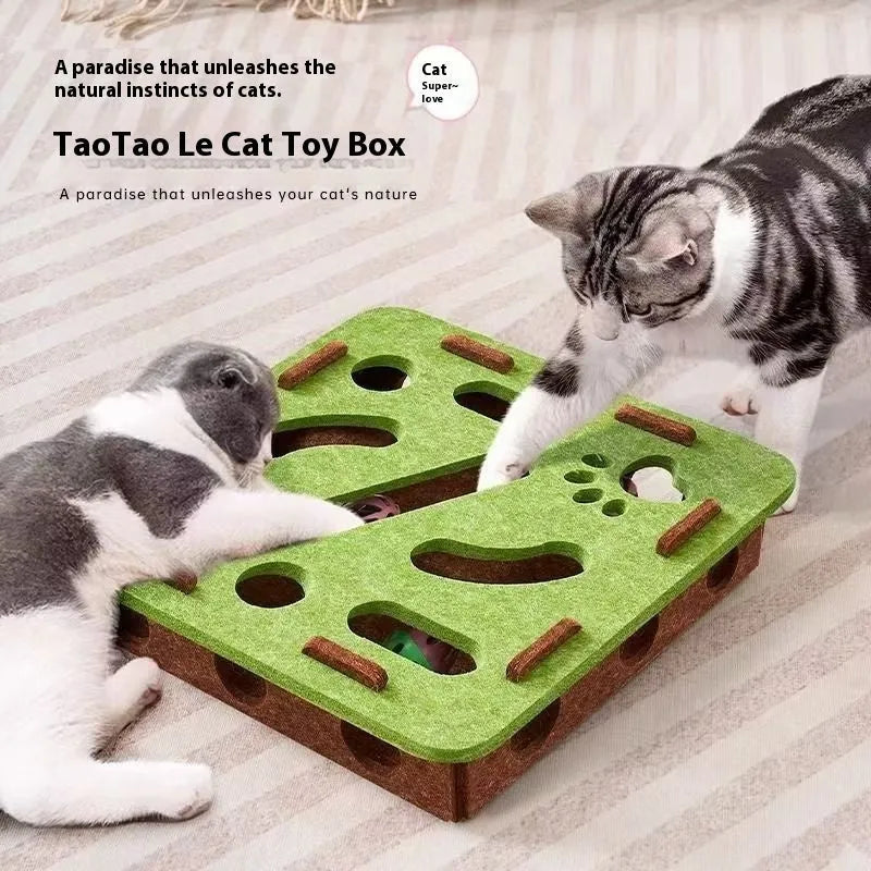 Green brown wool felt cat scratching toy box measuring 30cm with a hole in the centre.