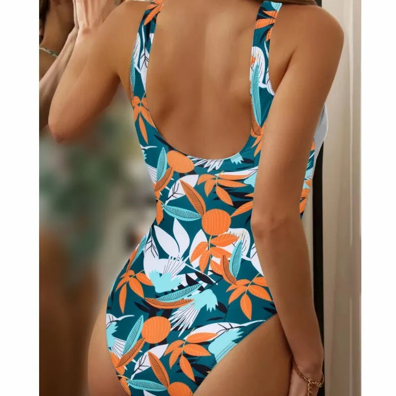 Women's high waist one-piece bikini in a printed pattern, made from quick-dry fabric.