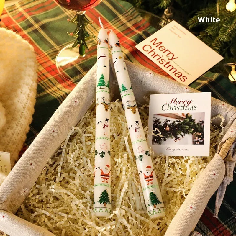 25cm Christmas pillar candle in paraffin, 2.2cm diameter, printed festive design, five colours available