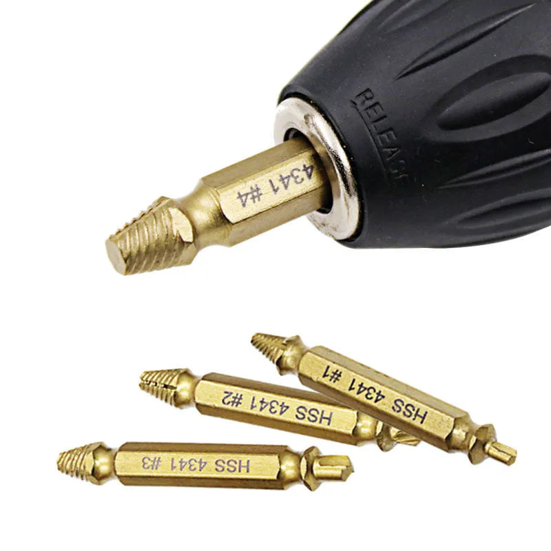 5-piece screw extractor set in 4341 high-speed steel for removing damaged fasteners