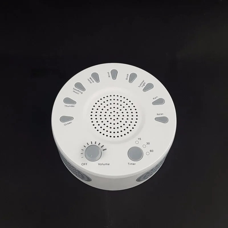 White electronic sleep aid device with nine sound options and timer controls