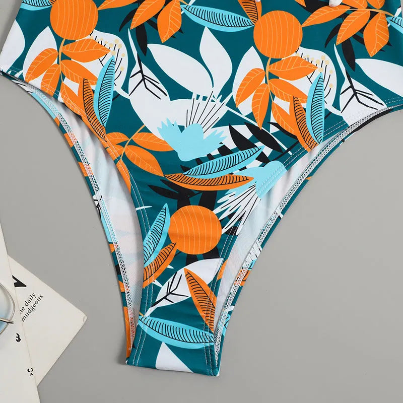 Women's high waist one-piece bikini in a printed pattern, made from quick-dry fabric.