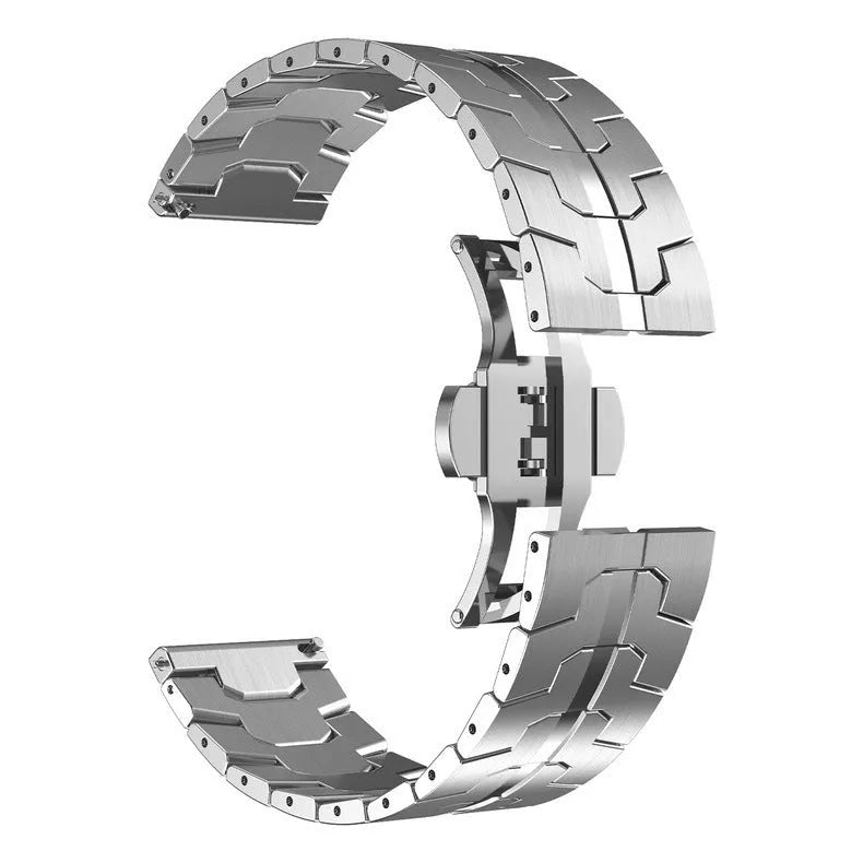 Stainless steel watch strap for Samsung Galaxy Watch showing silver and black colour options