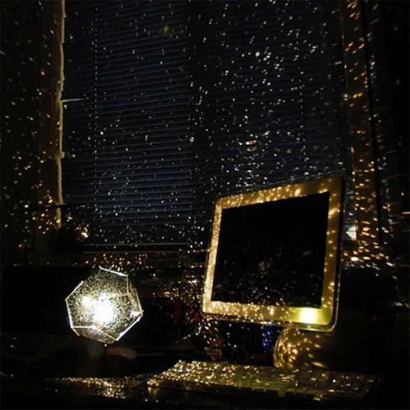 LED starry sky night light projector showing constellation projection on a bedroom ceiling.