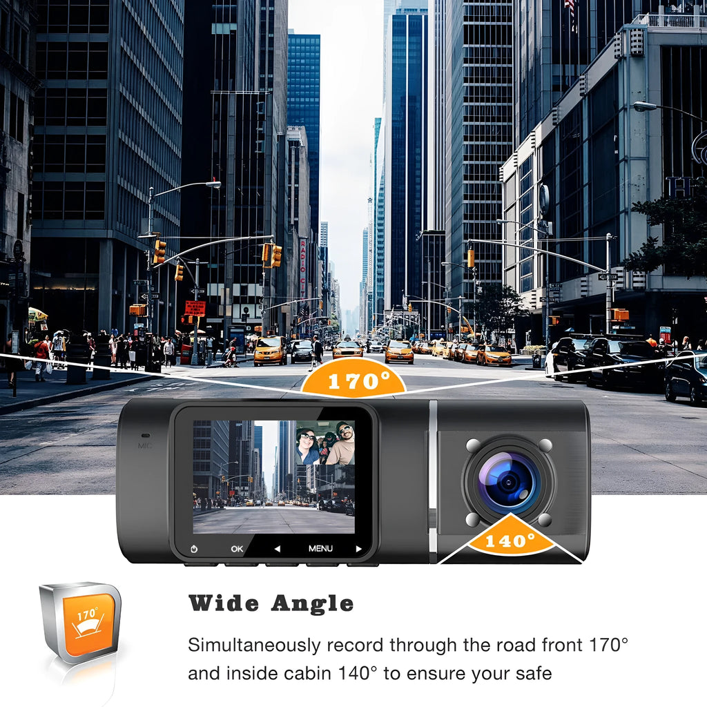 Standard black dual-channel dashboard camera with a 1.5-inch screen, shown with car charger and mounting stand.